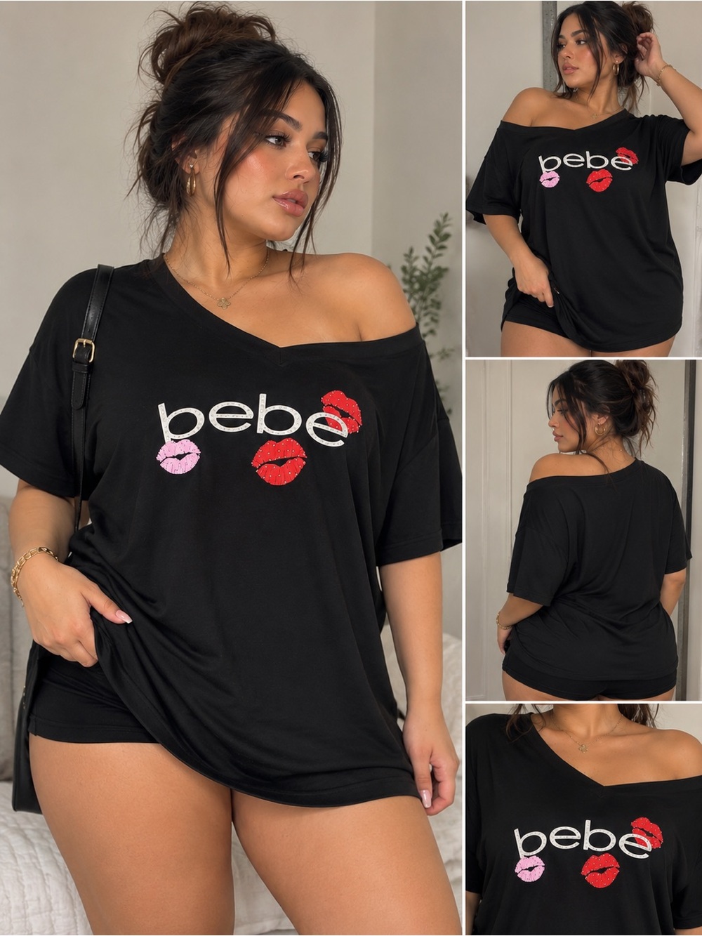 bebe Black Off-Shoulder Logo Tee with Pink and Red Kiss Prints